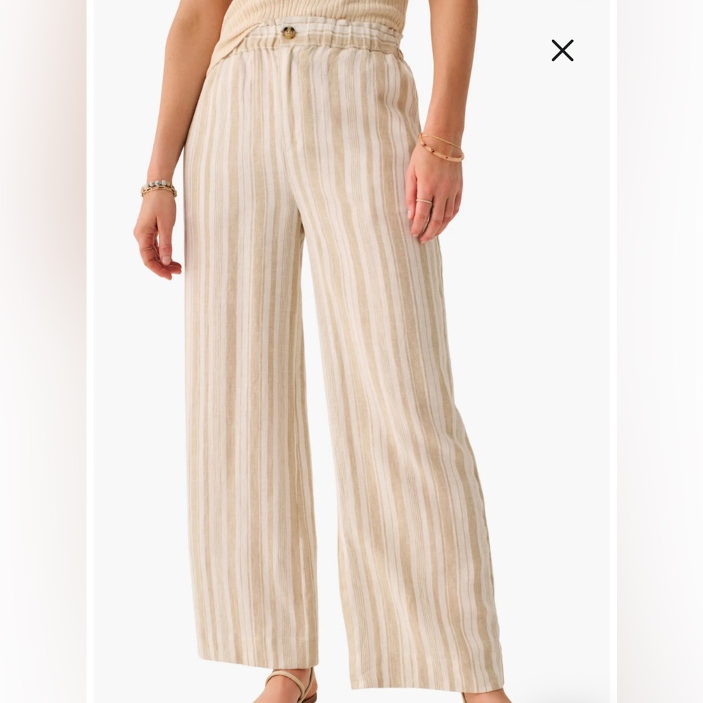 NWOT Faherty Tan and White Linen Pants with Button and Zipper Size XS